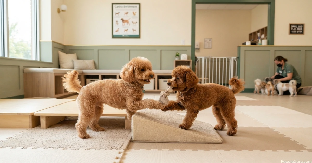 Toy and Miniature Poodles in size-separated small dog daycare playgroup