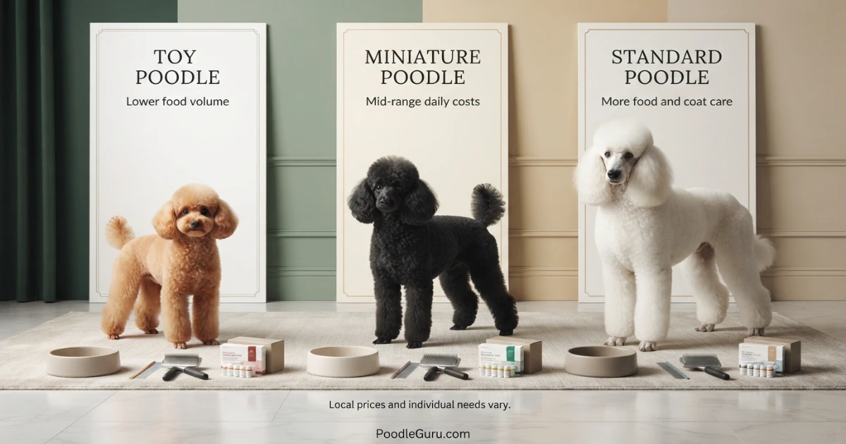 Toy Miniature and Standard Poodles comparing food grooming and monthly ownership cost differences