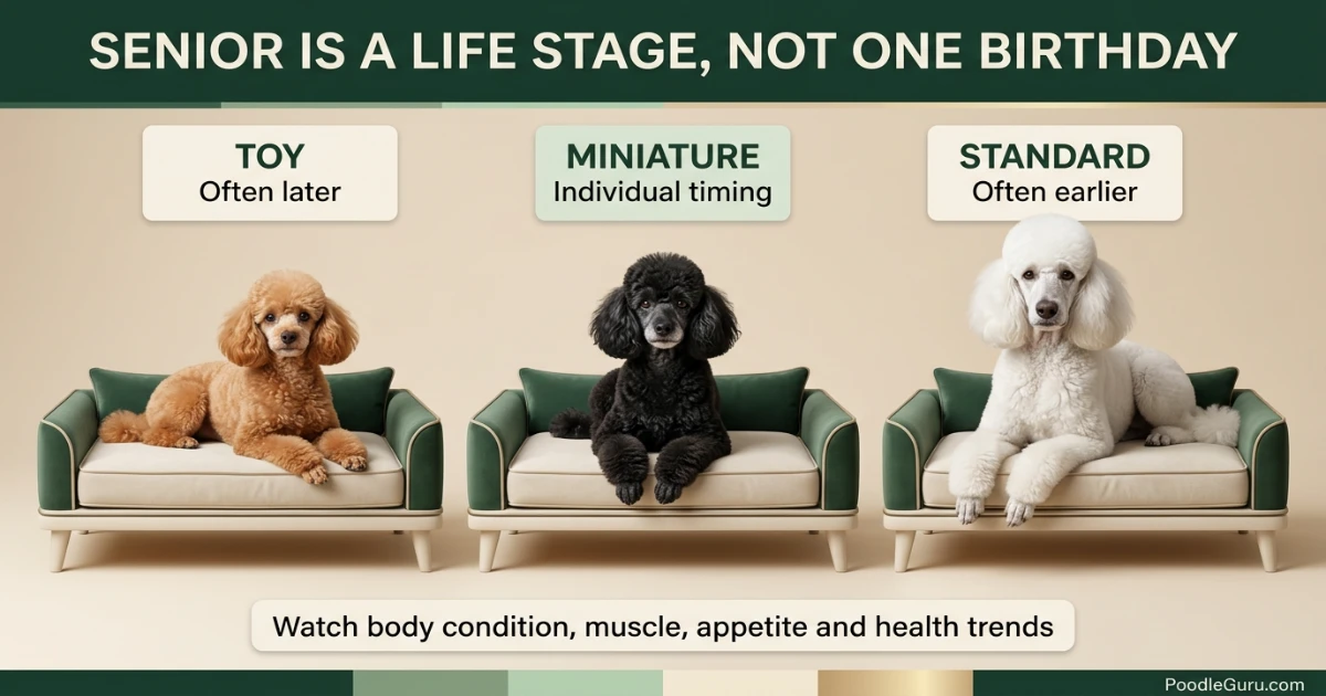 Toy Miniature and Standard senior Poodles showing that aging begins at different times
