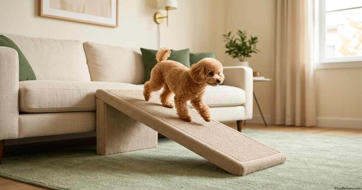 Toy Poodle using a low ramp for poodle arthritis home care