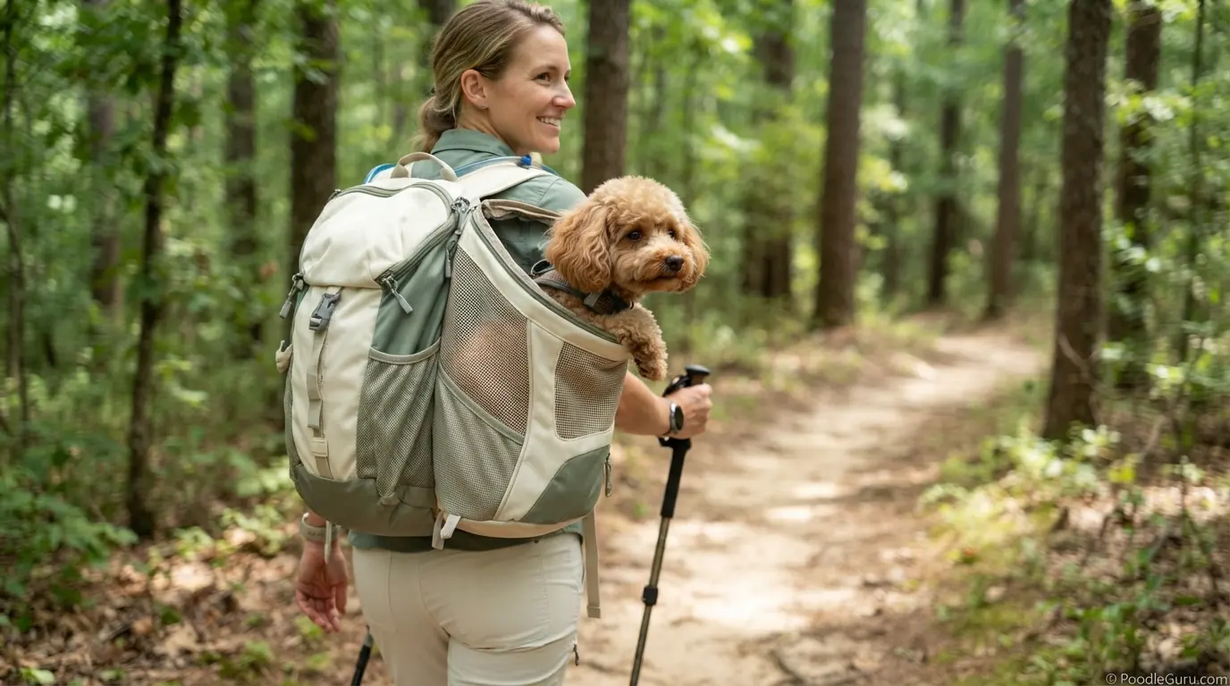 Toy Poodle peeking out from a dog backpack while hiking on a forest trail