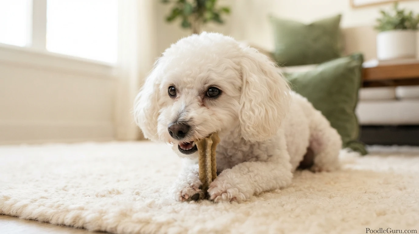 Toy Poodle chewing a size-appropriate dental chew safely on a cream rug