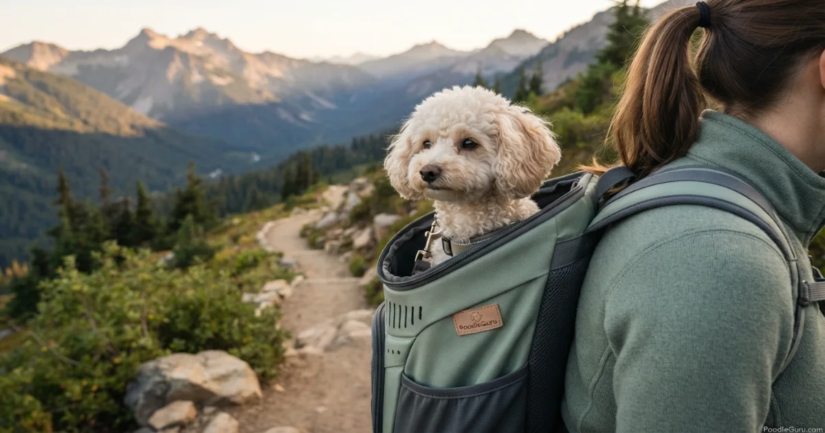 Toy Poodle carried in a dog backpack while camping with a dog on a mountain trail