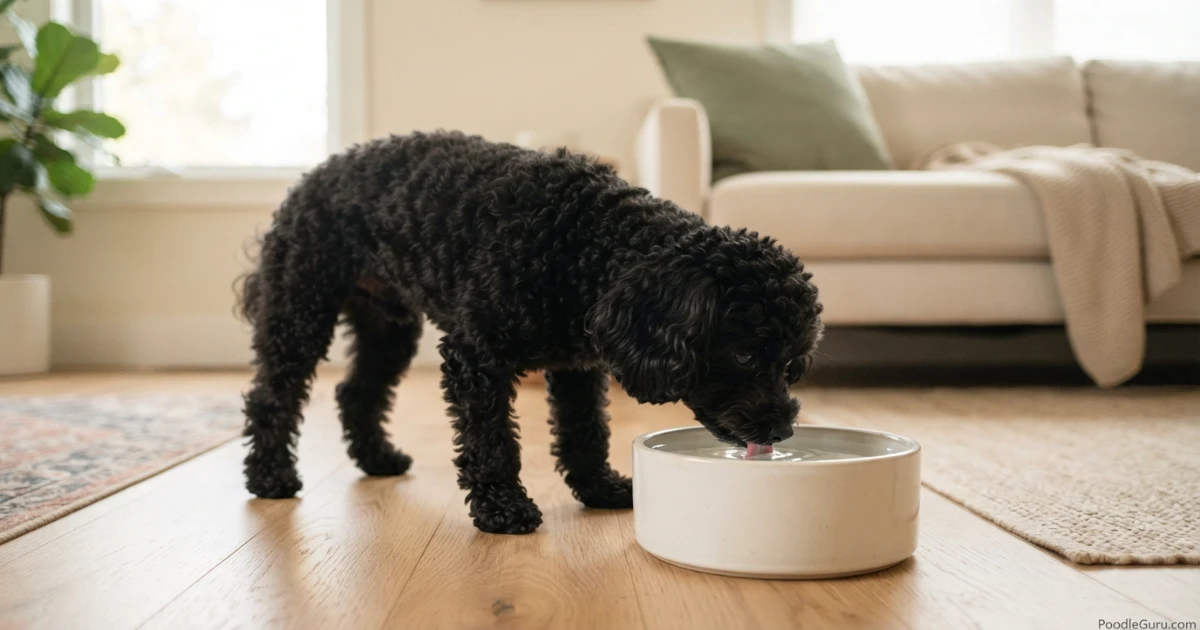 Black Toy Poodle drinking fresh water from a ceramic bowl as part of hydration monitoring for kidney health