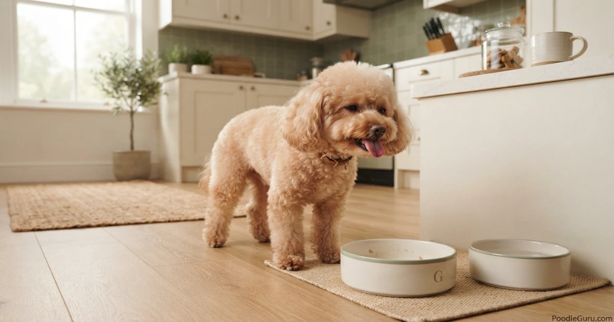 Toy poodle licking bowl after eating homemade dog food