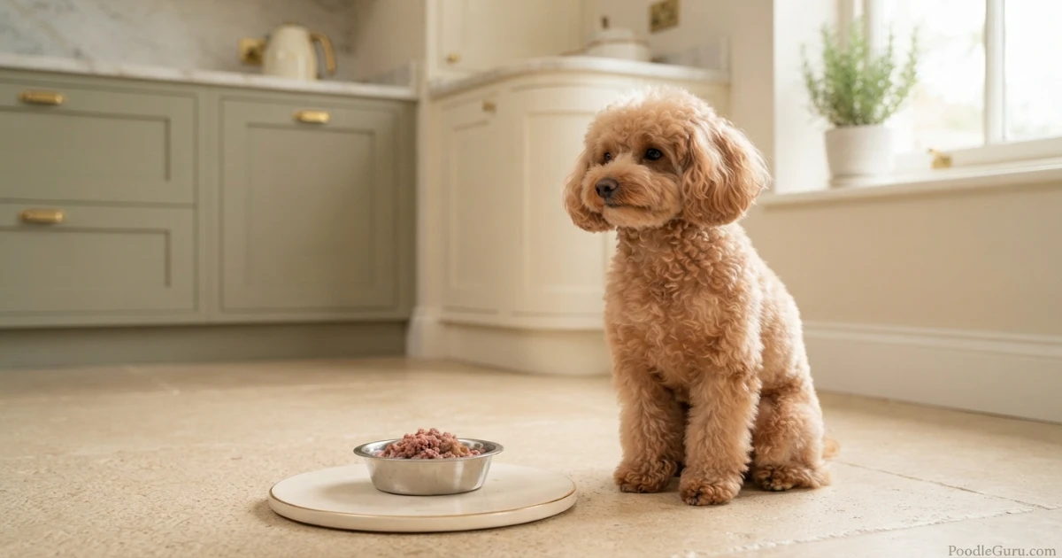Toy Poodle with finely ground raw food portion in a small bowl