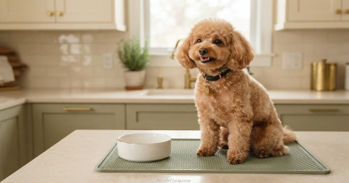 Toy poodle with content expression after finishing a meal from a small bowl