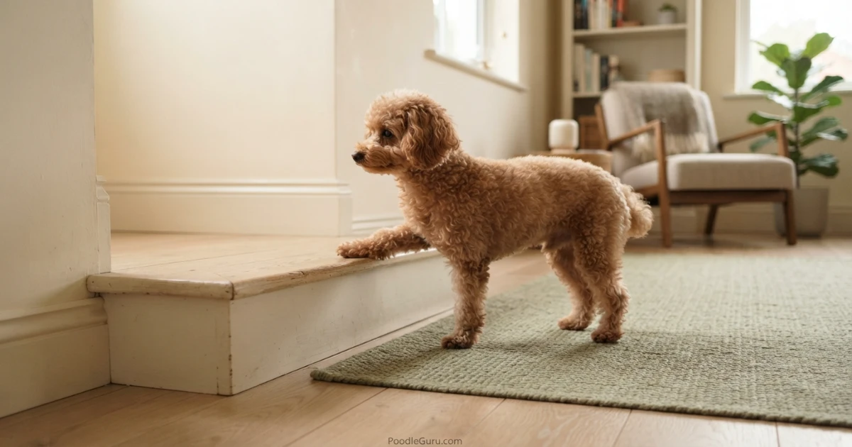Toy Poodle pausing before climbing a step — early poodle arthritis symptoms observable