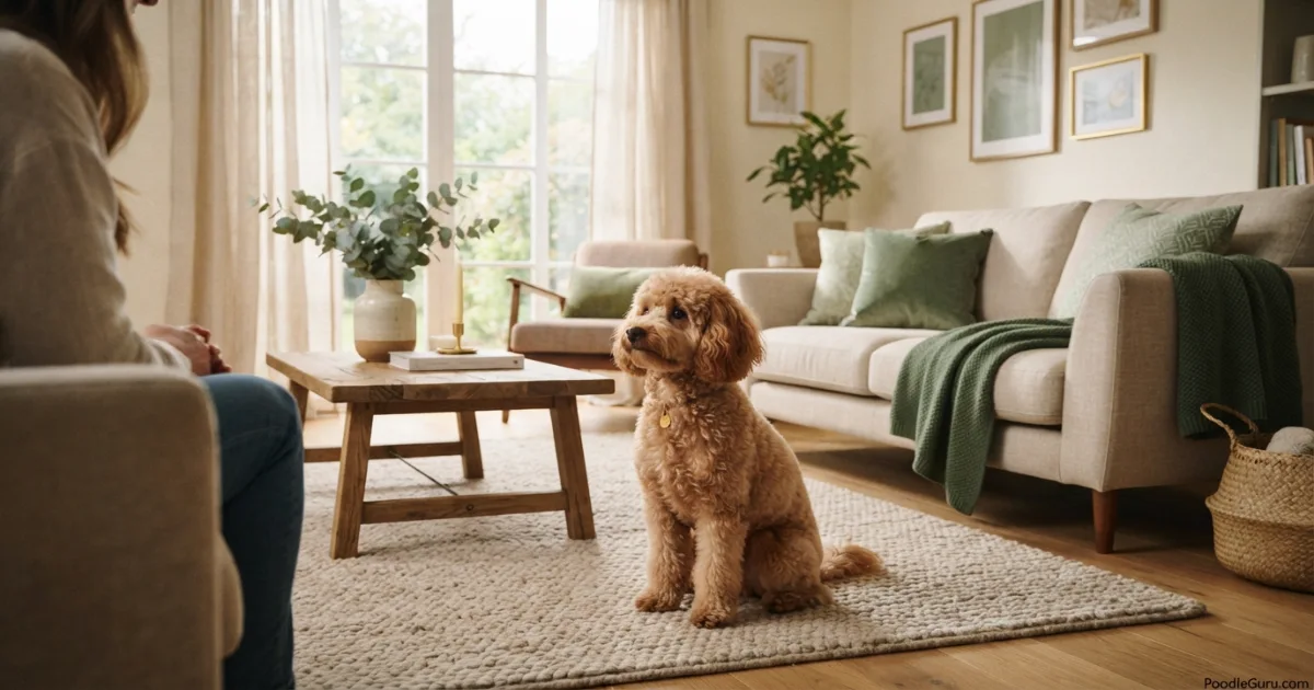 Toy Poodle sitting calmly indoors in a bright living room