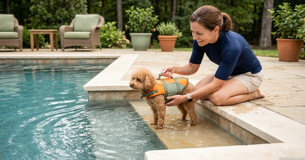 Toy Poodle wearing a life jacket for poodle pool safety training