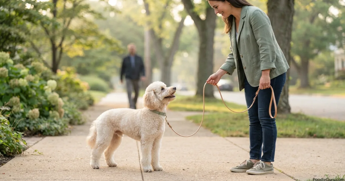 Cream Toy Poodle on a loose leash looking up at handler during a calm walk on a quiet sidewalk