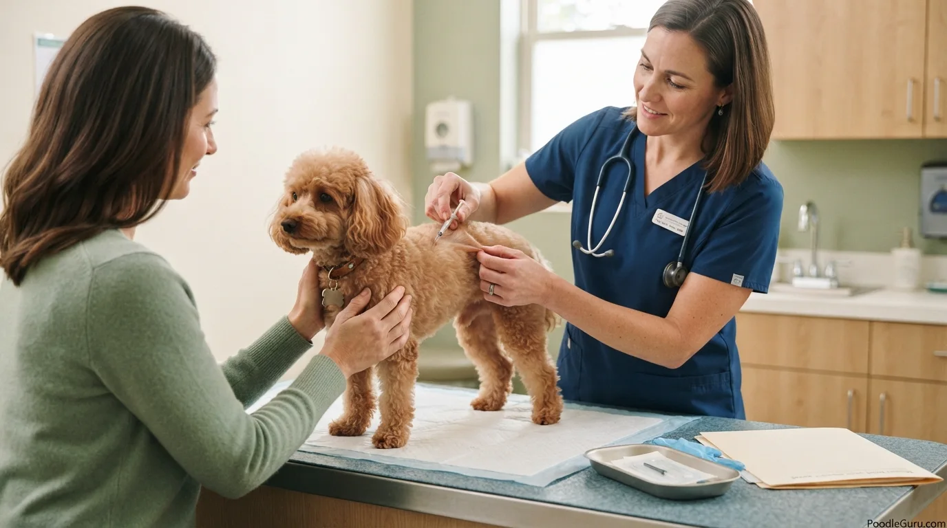 Veterinarian implanting a microchip in a calm Toy Poodle during a routine appointment