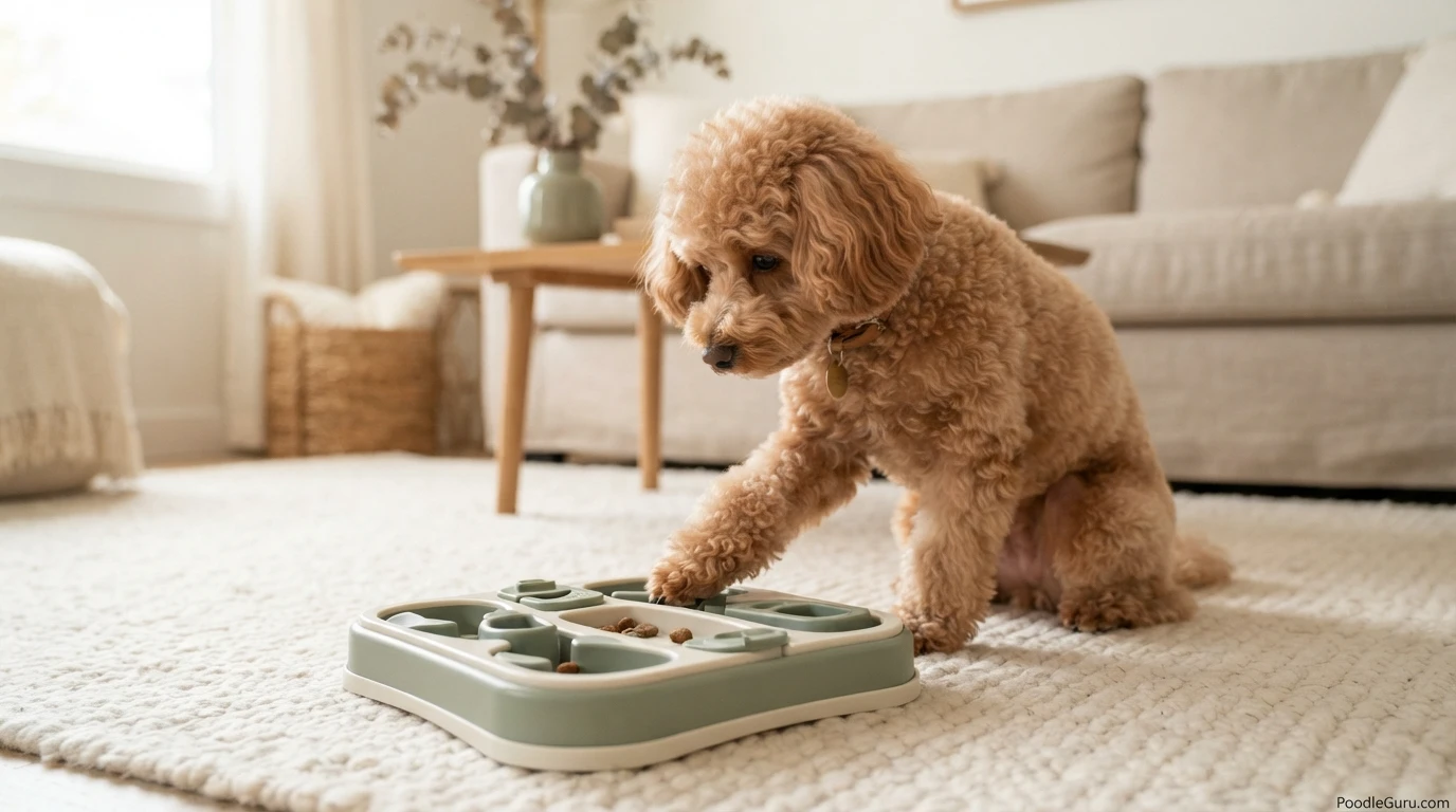 Toy poodle using a puzzle feeder to eat dry kibble on a cream rug
