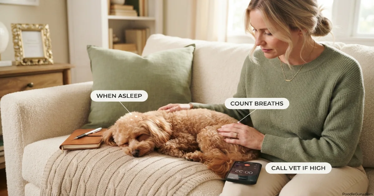 Owner counting sleeping Toy Poodle's breaths at home for early heart monitoring