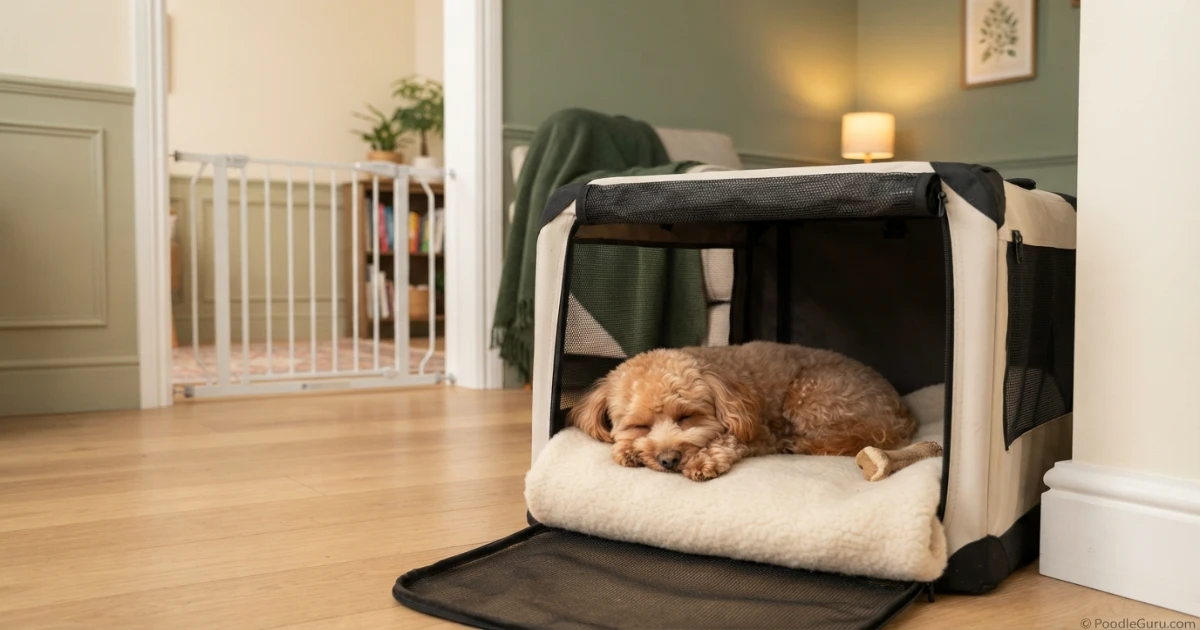 Toy Poodle in a safe crate space behind a baby gate during new baby adjustment