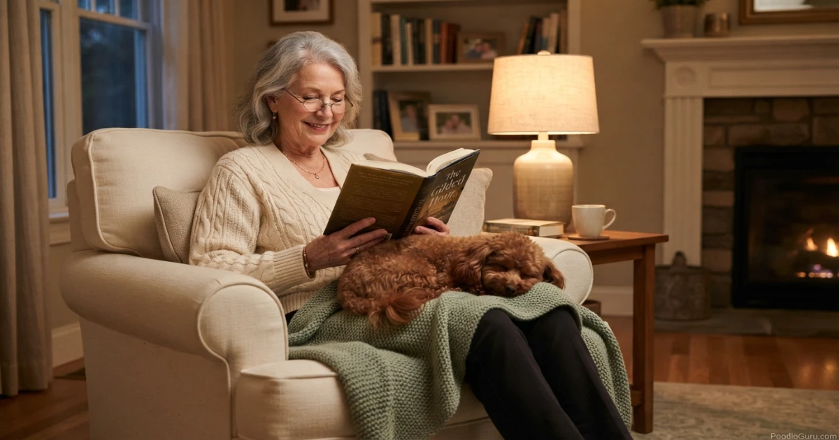 Toy Poodle resting on a senior owner's lap while reading
