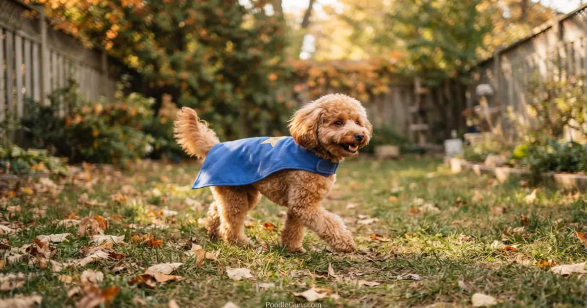 Toy Poodle wearing a simple superhero cape Halloween costume in a safe backyard
