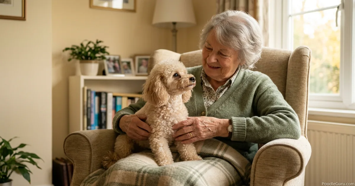 Toy Poodle sitting gently on a senior person's lap during a nursing home therapy visit