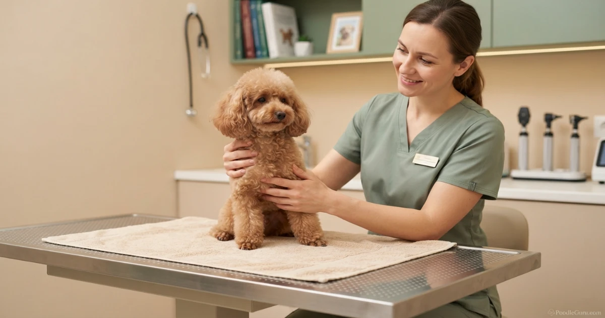Toy Poodle on an exam table with a veterinarian gently palpating the abdomen