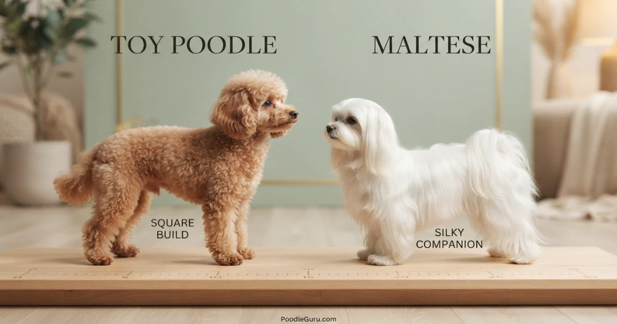 Side-by-side comparison showing Toy Poodle and Maltese body structure and proportions