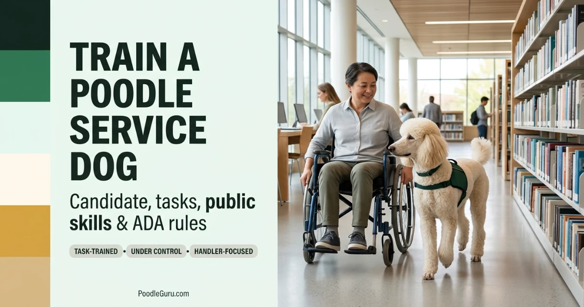 Poodle service dog training with a Standard Poodle calmly assisting a wheelchair user in a modern public library