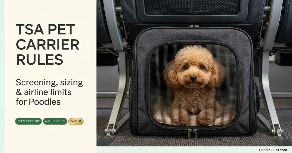 Toy Poodle resting in a closed soft airline carrier under an airplane seat for TSA pet travel