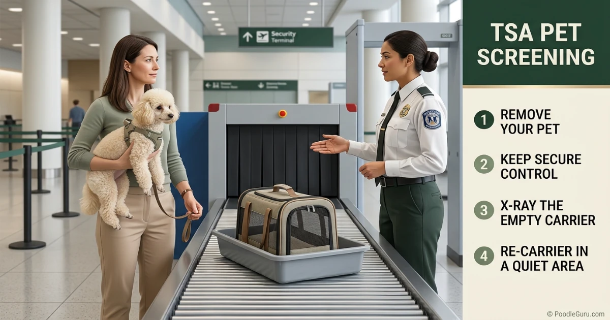 Toy Poodle held securely while an empty pet carrier is screened at a TSA checkpoint