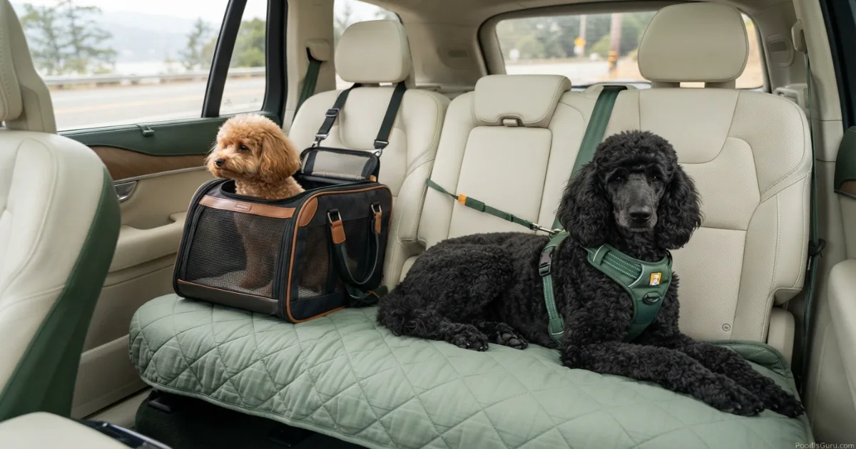 Toy Poodle in a rear-seat carrier and Standard Poodle in a harness for safe car travel