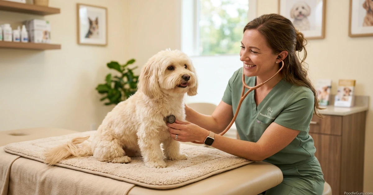 Veterinarian gently examining a Havanese during a family dog wellness check
