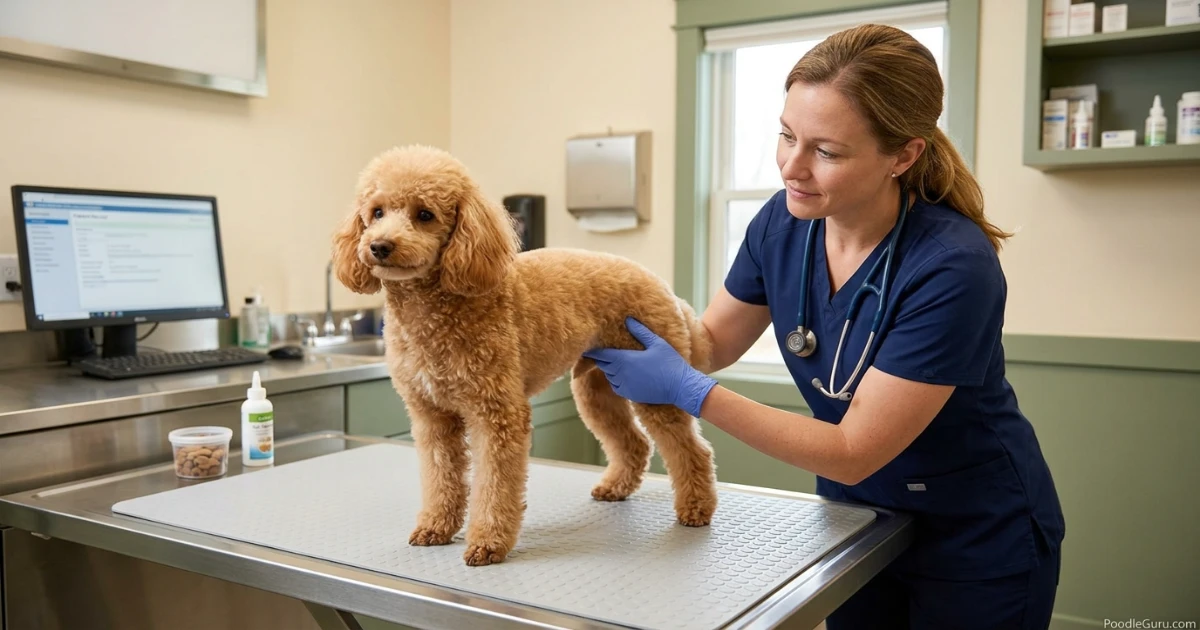 Veterinarian gently checking a Miniature Poodle for poodle anal gland infection symptoms