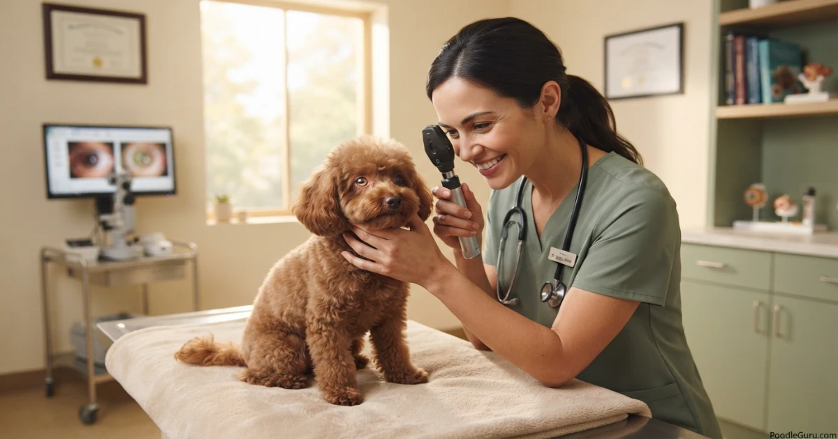 Veterinary ophthalmologist examining a Toy Poodle's eye with an ophthalmoscope to diagnose cataracts