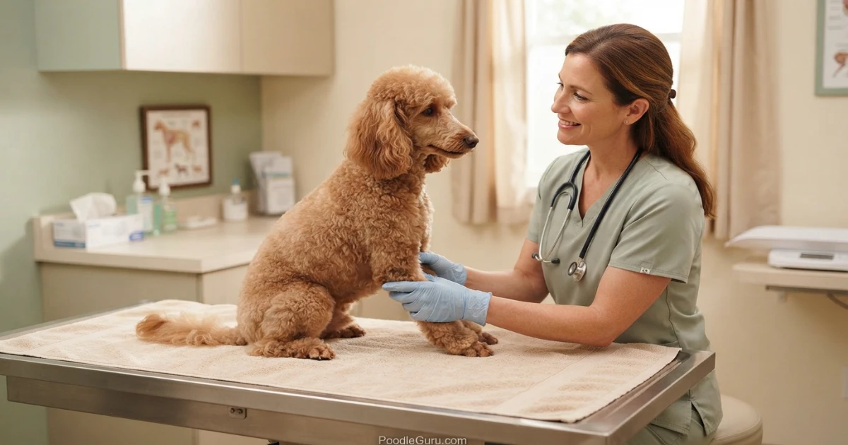 Veterinarian gently examining a Poodle hind leg during an orthopedic checkup