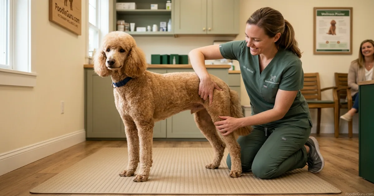 Veterinarian examining a Standard Poodle for arthritis pain and mobility changes
