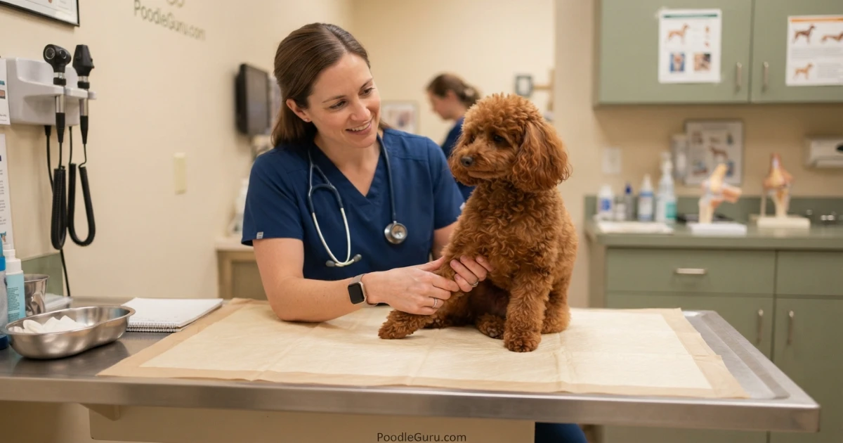 Veterinarian examining a Poodle knee for suspected cranial cruciate ligament injury