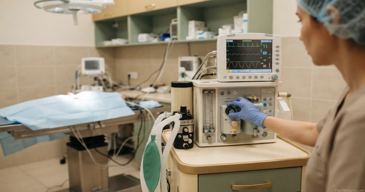 Close-up of veterinary anesthesia monitoring equipment during a surgical procedure