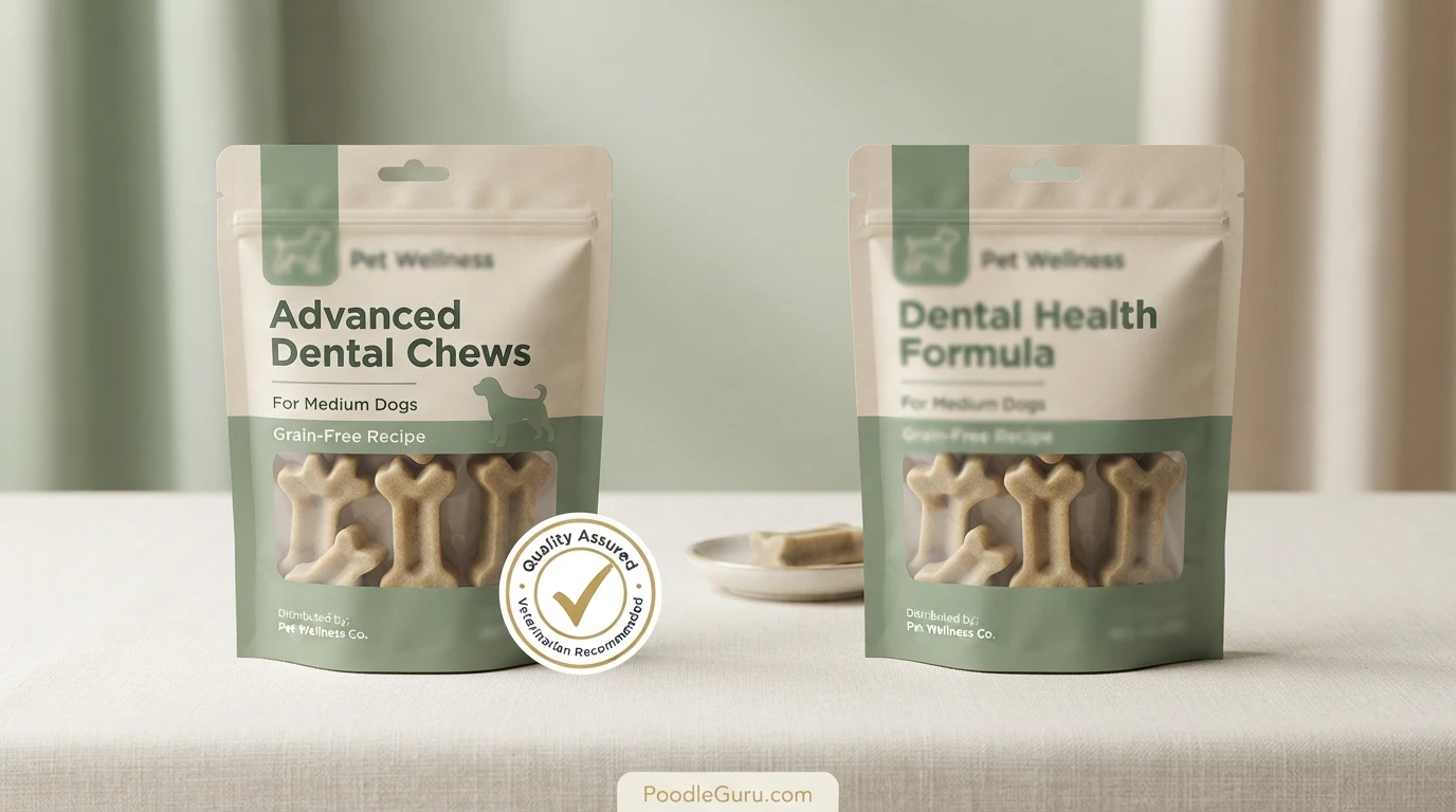 Dental chew packaging comparison showing one option with a VOHC seal and one without