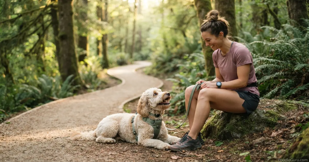 Whoodle resting beside a jogger on a forest trail as an active companion