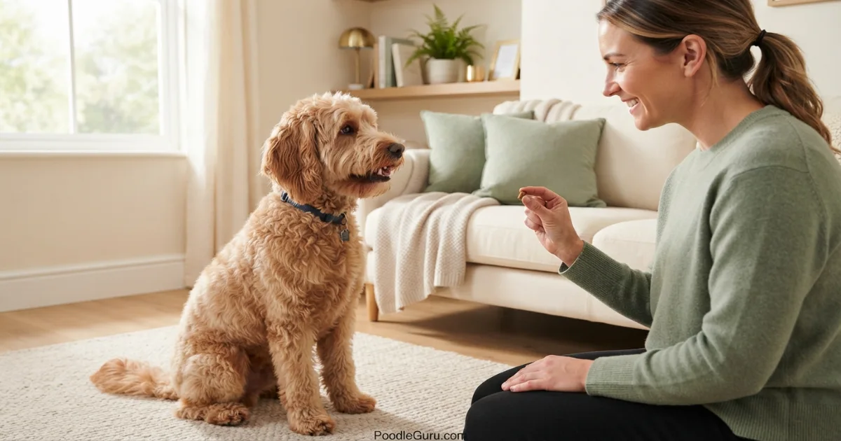 Whoodle sitting calmly during positive reinforcement training indoors