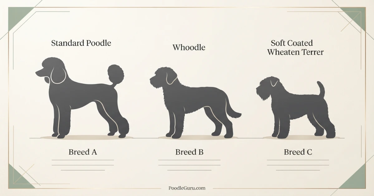 Silhouette comparison of Standard Poodle Whoodle and Soft Coated Wheaten Terrier sizes