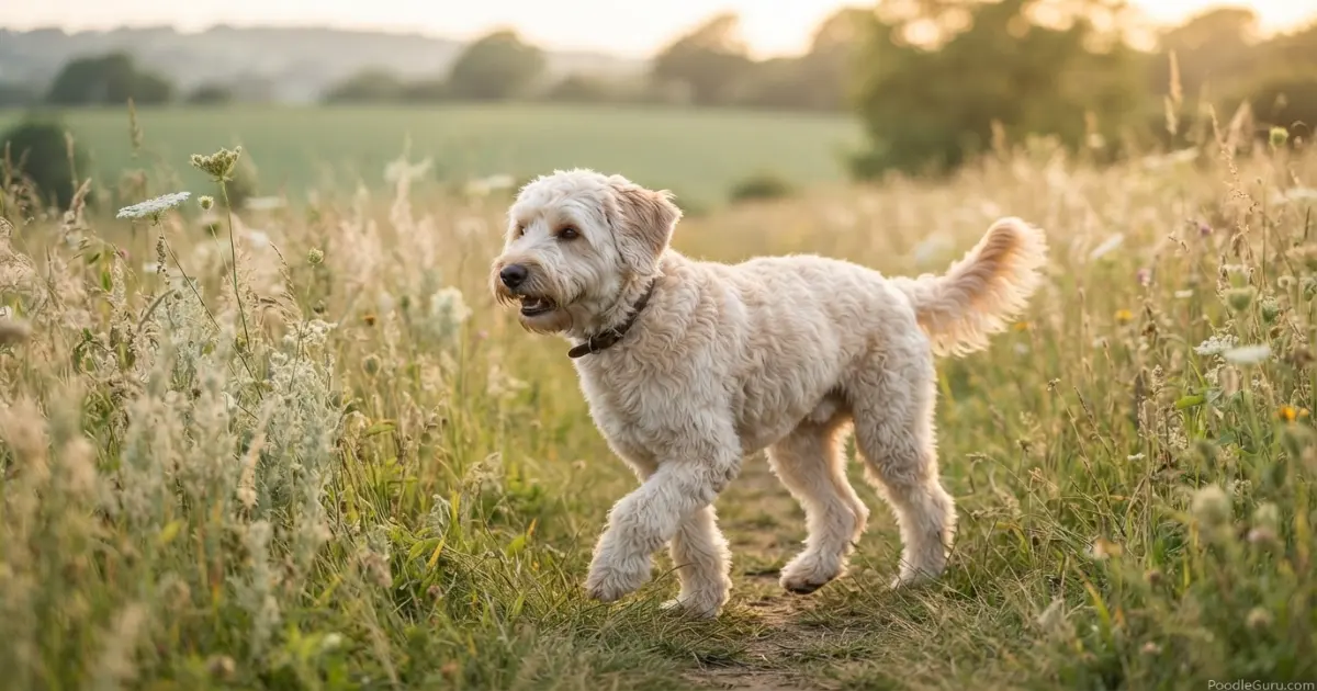 Whoodle Wheaten Terrier Poodle mix trotting through a sunlit field for breed guide