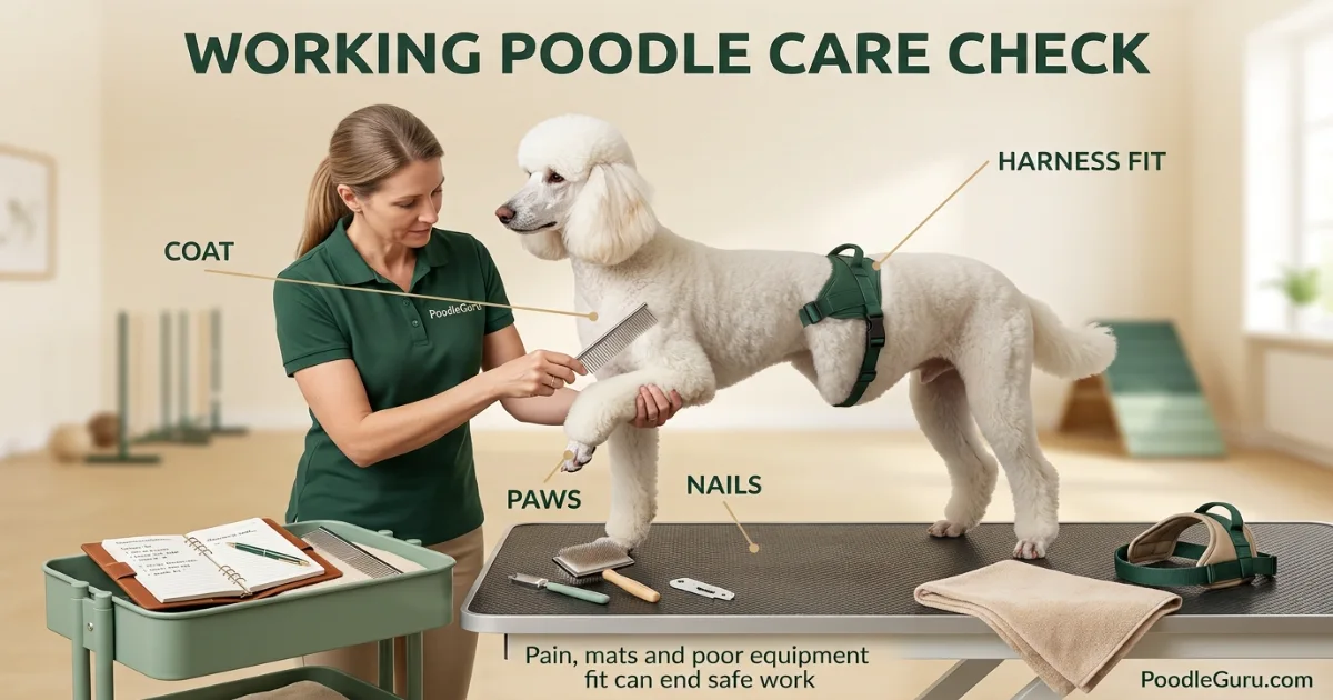 Working Standard Poodle receiving a harness fit coat paw and nail health check