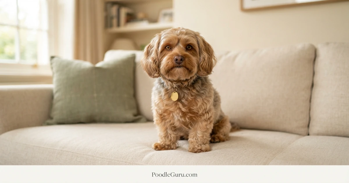 Adult Yorkipoo with wavy caramel and silver coat sitting on a cream sofa in natural light