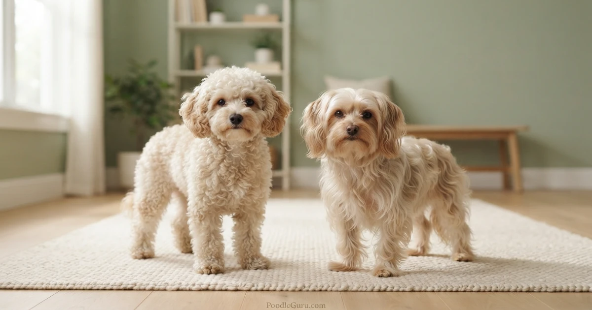 Two Yorkipoos side by side showing curly coat versus wavy coat variation