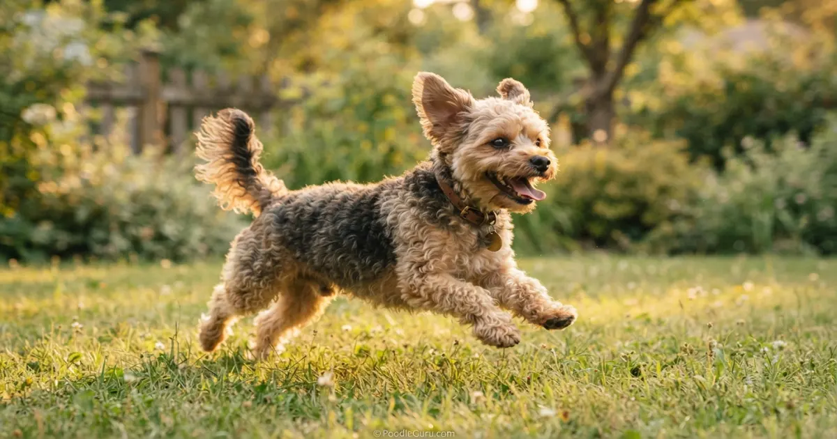 Yorkipoo playing energetically in grass during golden hour with ears lifted