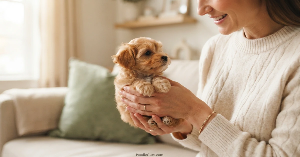 Small Yorkipoo puppy cradled gently in a person's hands showing tiny scale