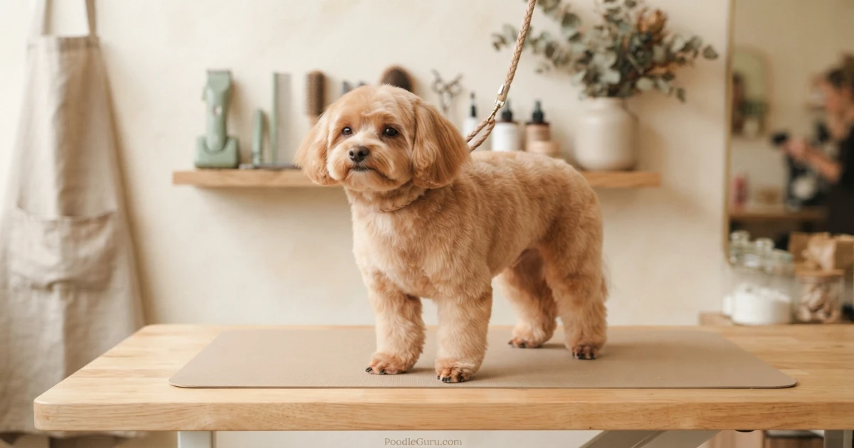 Freshly groomed Yorkipoo with teddy bear cut standing on light wood grooming table