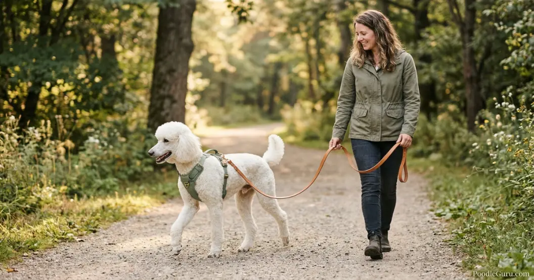 Standard Poodle walking calmly on a fixed leather leash beside an owner