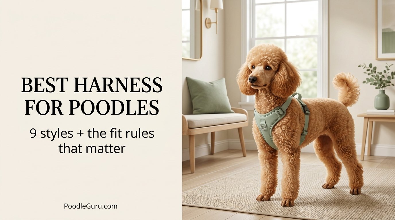 Apricot Poodle wearing a properly fitted Y-front walking harness