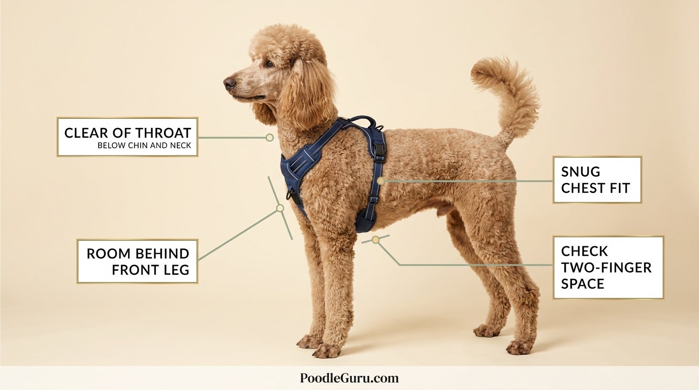 Properly fitted Poodle harness showing chest, throat and armpit clearance