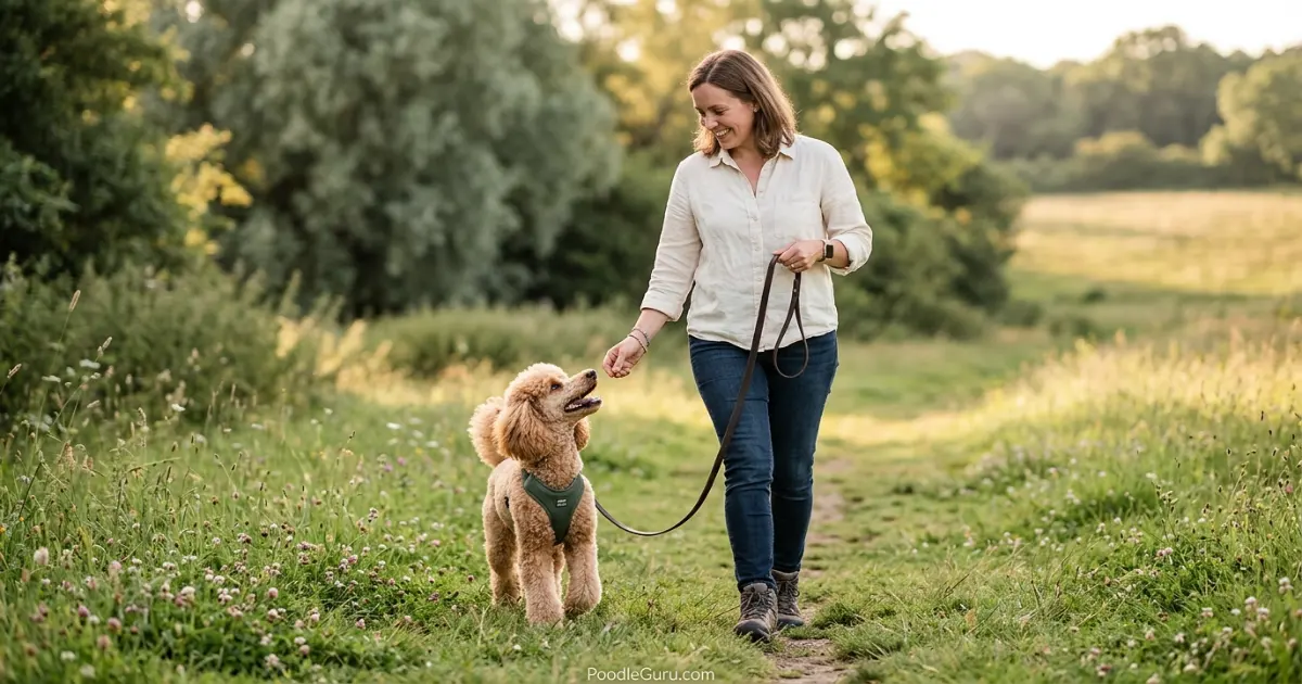 Miniature Poodle checking in with owner during loose-leash training